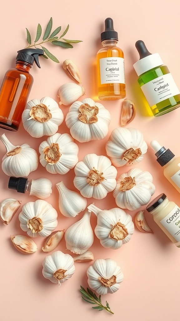 Flat lay of garlic and skincare products highlighting natural beauty benefits.